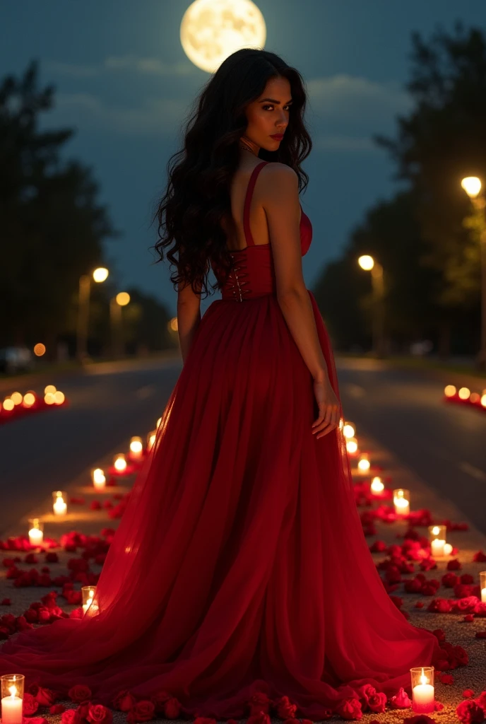A sensual brunette Spanish woman, 50 year high, similar to Catherine Zeta-Jones' sensual gaze, of extroverted laughter, redgown, long and full wavy black hair, honey eye, standing at a crossroads with red candles lit and roses on the ground, at night with a full moon