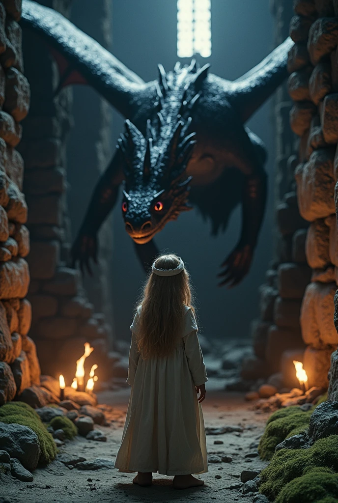 ((best qualityer)),((realisitic)), color film 35mm, medieval fiction, directed by Peter Jackson,  Targaryen child, with simple clothes, long hair, offwhite, smooth ass, Purple eyes, sendo protegido por Dragão Adulto realisitic, amidst the ruins, flickering torchlight, scenic, dark castle: 0.5 AND Hyperrealisitic.
