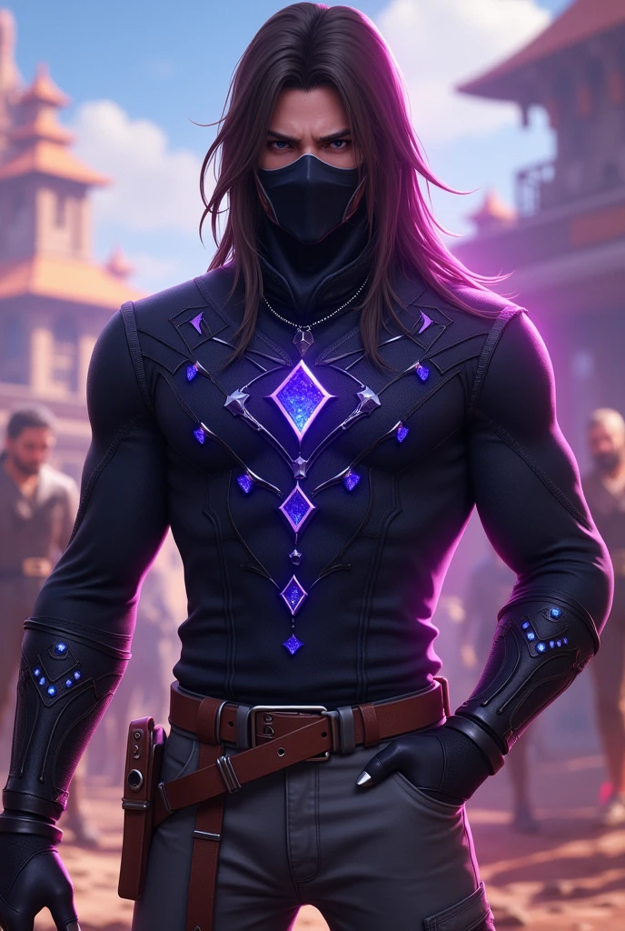 A male character from Free Fire, with long brown hair, with a black mask covering only the mouth, and with a black closed long-sleeved shirt with sparkling blue stones, Written, RARO XT, small chest, with purple aura coming out of the eyes, wearing gray pants and a brown belt