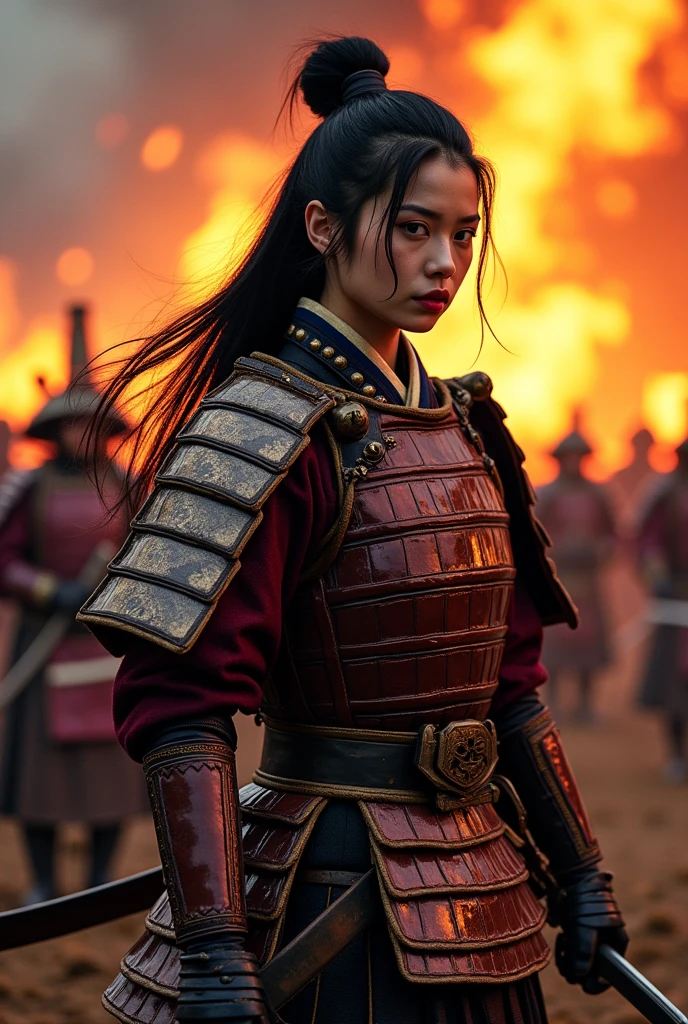 Japan Female Samurai、Female warriors of the Sengoku period、wearing samurai armour, not wearing a helmet、Scene of fierce fighting、There are many people fighting around、Flames are rising all around、Sense of presence。Real、Genuine、26 age、Black Hair. make up, red lips.