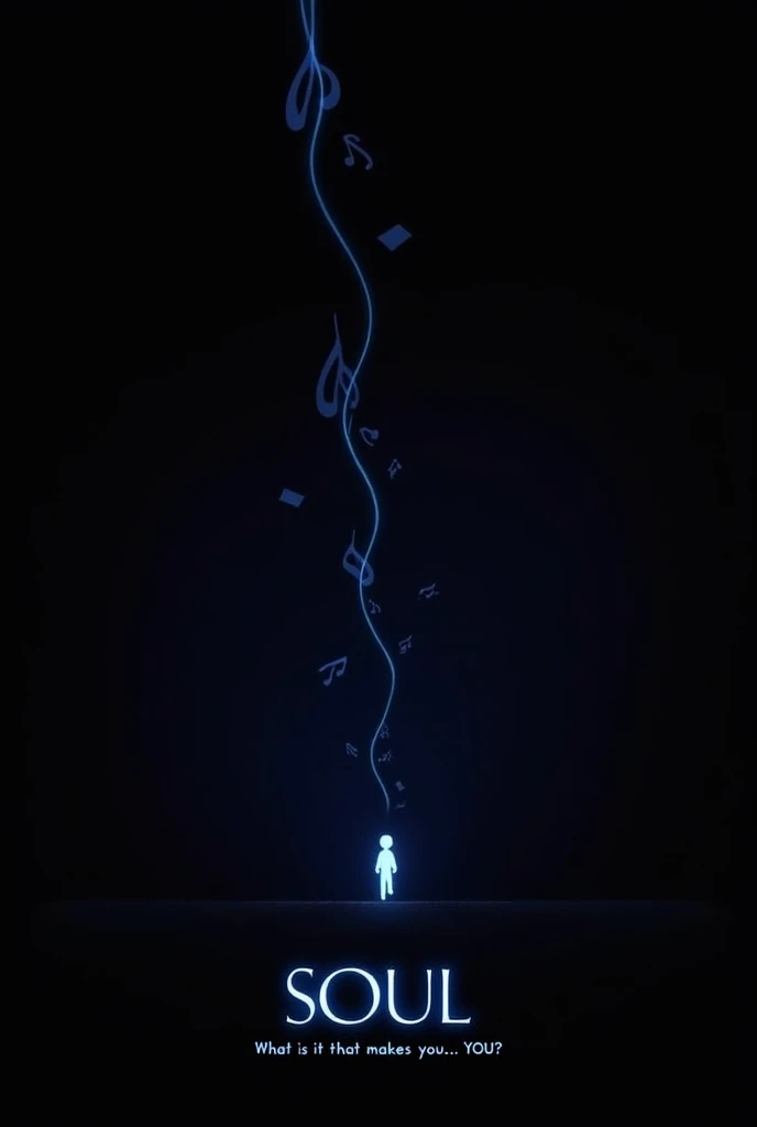 "Create a minimalist movie poster for Pixar's Soul. The design should feature a simple, abstract representation of the main character, Joe Gardner, as a small glowing blue soul against a dark background. Include a single, elegant curved line representing the piano keys subtly integrated into the background, symbolizing Joe's passion for jazz music. The title 'Soul' should be placed at the bottom center in a clean, modern font, with the tagline 'What is it that makes you... YOU?' below it in smaller text."
