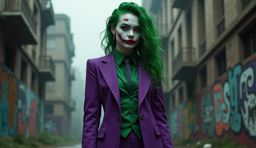 {
  "prompt": "A faithful female version of the iconic Joker from DC Comics, reimagined with striking beauty while retaining the character's signature look and chaotic energy. She has pale white skin, with vibrant green hair styled in messy, voluminous curls. Her makeup is bold, with dark, piercing eyes framed by heavy black eyeliner and a mischievous, twisted smile painted in deep red lipstick that extends slightly beyond the corners of her mouth. She is dressed in a sharp, tailored purple suit jacket with a green vest and matching tie, echoing the Joker's classic attire but with a feminine flair. Her posture is confident and slightly unhinged, embodying the perfect blend of elegance and madness, as if she’s always on the edge of chaos.",
  "size": "1024x1792"
}