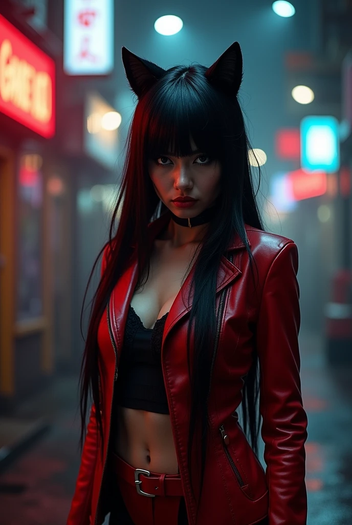 Female character with long black hair and bangs, cat ears, red and black clothing, a mean face, and black eyes.