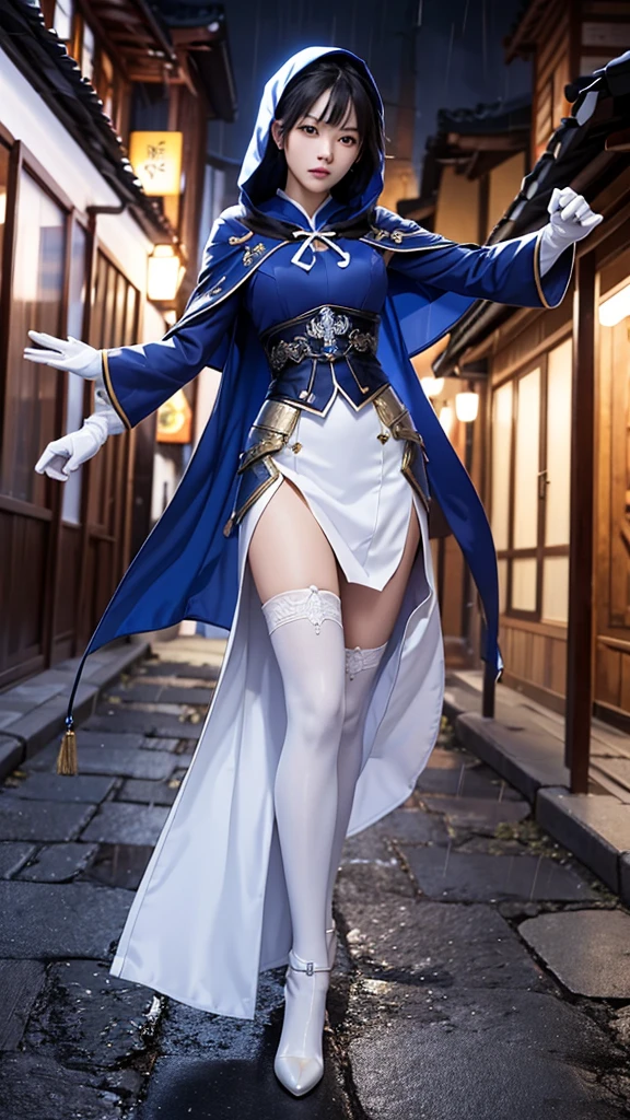 South korea assassin women mystery hooded on with modern royal Blue coat with long and wide sleeves with buttons and royal Blue cape and very high white heel over the knee and white gloves, As she reveals a small secret hidden blade coming from his palm , adding to the character's mysterious and agile appearance, with small movements of air on the cape, jump from roof to roof, in summer at night under the rain,medieval south korea house. sophisticated and highly detailed, ultra hd, realistic, hyper detailed, enhanced colours, ultra sharp focus, with vibrant, rich in details High quality, gorgeous, captivating, 8k, super detailed, stunning shadows, detailed lines, blood stain on coat and gloves, corpses in the street recently murdered
