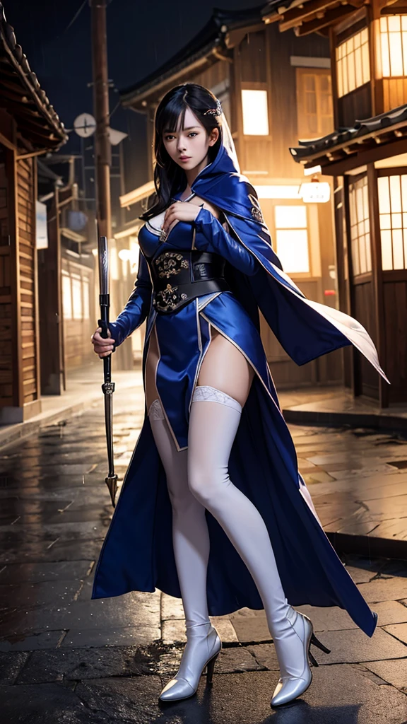 South korea assassin women mystery hooded on with modern royal Blue coat with long and wide sleeves with buttons and royal Blue cape and very high white heel over the knee and white gloves, As she reveals a small secret hidden blade coming from his palm , adding to the character's mysterious and agile appearance, with small movements of air on the cape, jump from roof to roof, in summer at night under the rain,medieval south korea house. sophisticated and highly detailed, ultra hd, realistic, hyper detailed, enhanced colours, ultra sharp focus, with vibrant, rich in details High quality, gorgeous, captivating, 8k, super detailed, stunning shadows, detailed lines, blood stain on coat and gloves, corpses in the street recently murdered