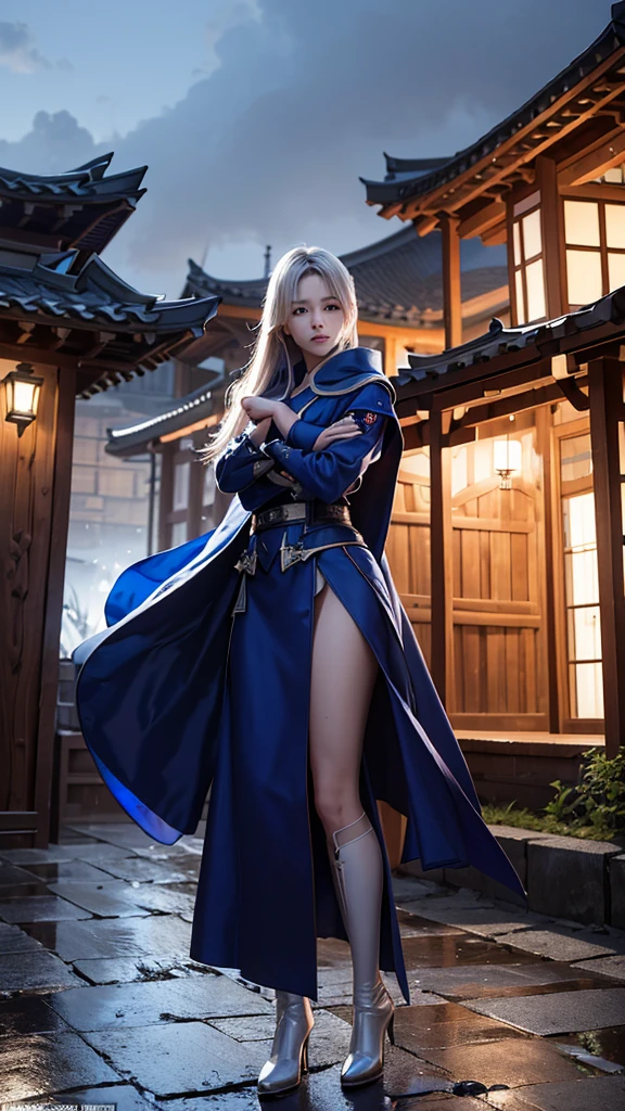 South korea assassin women mystery hooded on with modern royal Blue coat with long and wide sleeves with buttons and royal Blue cape and very high white heel over the knee and white gloves, As she reveals a small secret hidden blade coming from his palm , adding to the character's mysterious and agile appearance, with small movements of air on the cape, jump from roof to roof, in summer at night under the rain,medieval south korea house. sophisticated and highly detailed, ultra hd, realistic, hyper detailed, enhanced colours, ultra sharp focus, with vibrant, rich in details High quality, gorgeous, captivating, 8k, super detailed, stunning shadows, detailed lines, blood stain on coat and gloves, corpses in the street recently murdered