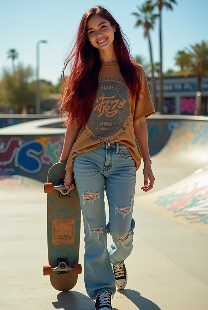 Woman with long hair, eyes browns, maroon hair, She's holding a skateboard, She's wearing skateboarder clothes, She is smiling.