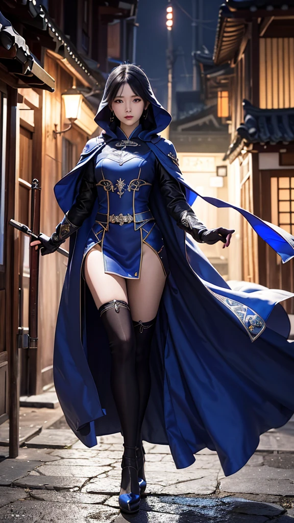 South korea assassin women mystery hooded on with modern royal Blue coat with long and wide sleeves with buttons and royal Blue cape and very high white heel over the knee and white gloves, As she reveals a small secret hidden blade coming from his palm , adding to the character's mysterious and agile appearance, with small movements of air on the cape, jump from roof to roof, in summer at night under the rain,medieval south korea house. sophisticated and highly detailed, ultra hd, realistic, hyper detailed, enhanced colours, ultra sharp focus, with vibrant, rich in details High quality, gorgeous, captivating, 8k, super detailed, stunning shadows, detailed lines, blood stain on coat and gloves, corpses in the street recently murdered