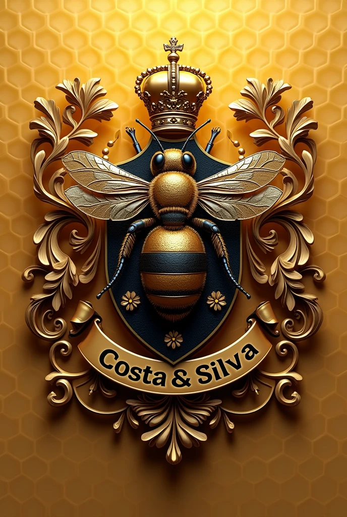 create for me an image 3d of a coat of arms of a queen bee, with the name highlighted Costa & silva