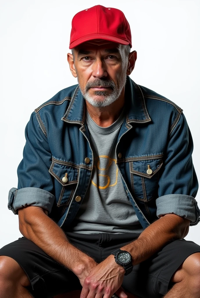 middle aged male, red cap, black buzzcut hair, looks unkept because hard lifestyle, jeans jacket, gray T-shirt with logo, black shorts, focus on face and torso, ((transparent background))