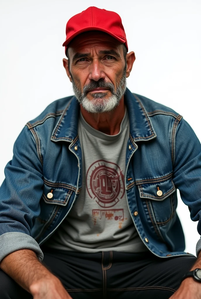 middle aged male, red cap, black buzzcut hair, looks unkept because hard lifestyle, jeans jacket, gray T-shirt with logo, black shorts, focus on face and torso, ((transparent background))