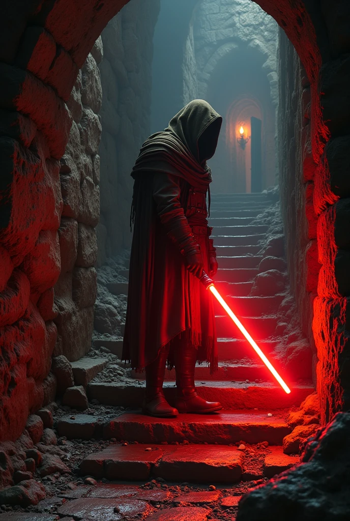 (masterpiece:1.2), (best quality:1.2), 8k, HDR, ultra detailed, ((photorealistic)), professional light, cinematic lighting, fashion photography, ambient lighting, background, a dark medieval dungeon, Darkness, epiCPhoto, fire, stairs, A thief in cloth armor, holding a red light saber.
