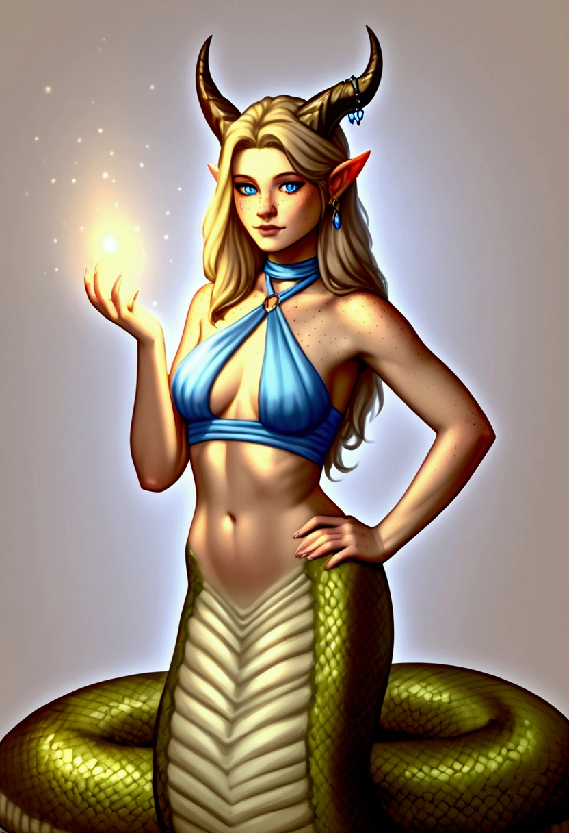 lamia, solo, 1girl, pointy ears, ((straight demon horns, blue eyes, long light brown hair, freckles across nose)), (light blue halter top, jewelry), cavern entrance, green scales, pale belly, medium skin, snake body up, tip of the snake body up, realistic, photoreal, ArsMJStyle, dnddarkestfantasy, dungeons and dragons, (magic in hand, hand on hip), DonMM4g1cXL