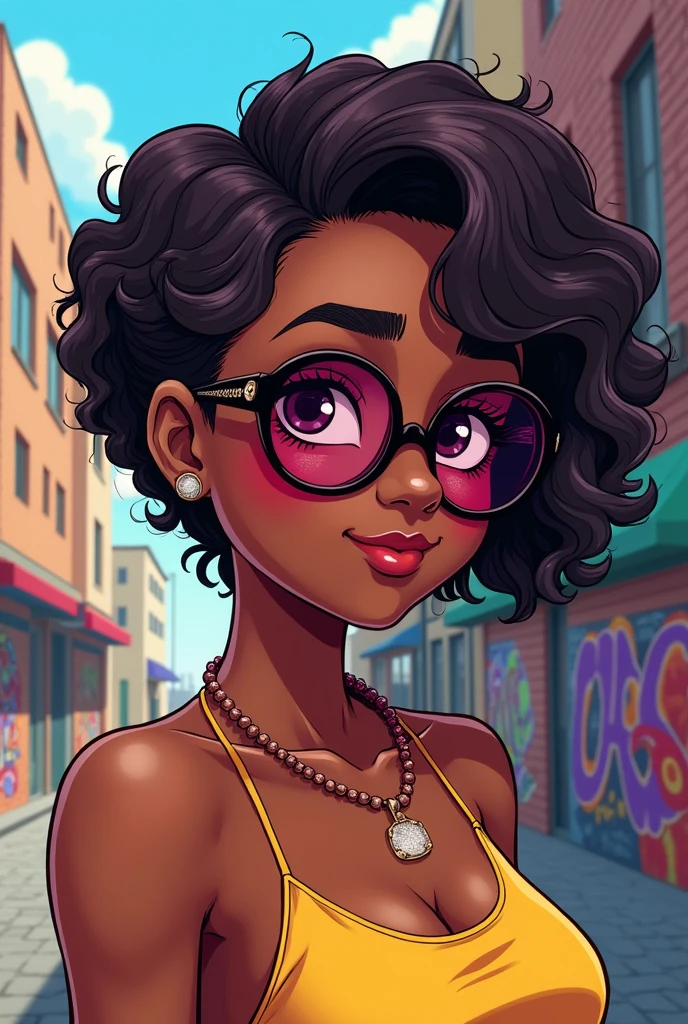 A black woman with a round nose and a round face, her eyes are a bit thin with burgundy-ish red glasses, and on the side, she has short, curly hair. Her thin lips are not very pretty, and her face is very chubby in the style of anime manga.