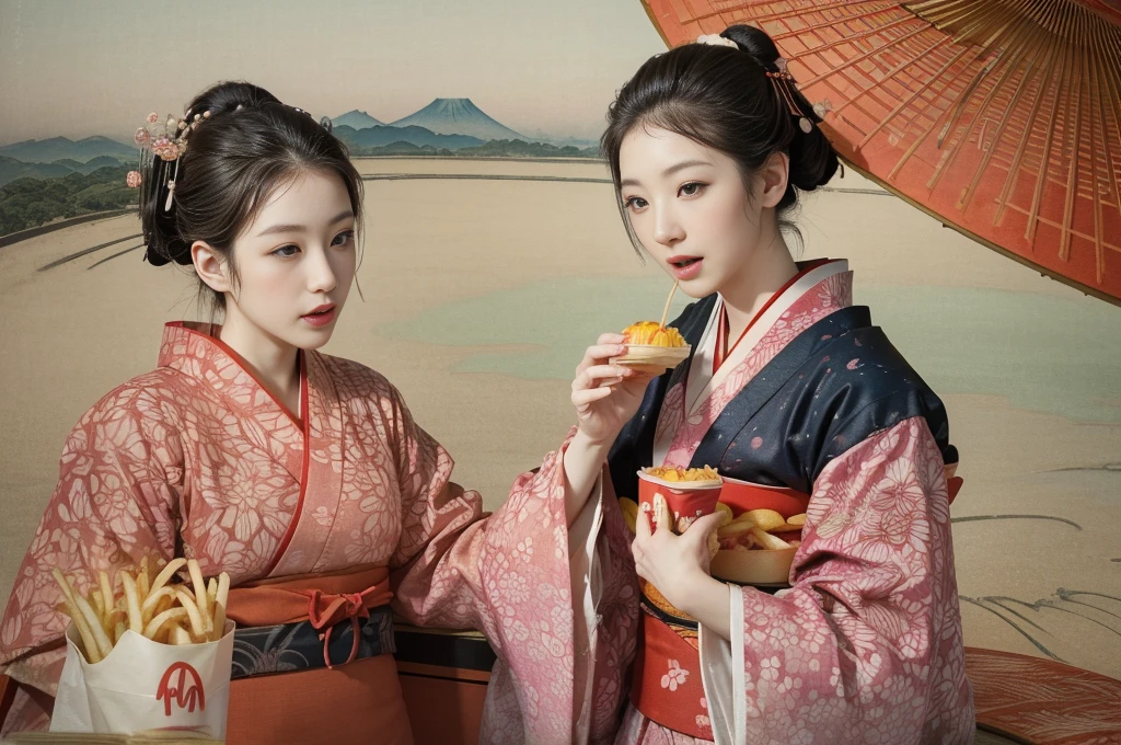(background:Cherry blossoms on the mountain are covered with mist)((Ukiyo-e))japanese art,or period,tokyo art, lily,Natural landscape.(masseter membrane、top quality、Ukiyo-e style、mystery、Exquisite and beautiful、official art、Sharaku:1.2)、(1 Eating McDonald's McFries L size japanese girl in:1.3)、(fractal art:1.3)、cowboy shooting、White skin、(beautiful brunette、kimono:1.2)、With Japanese traditional performing arts as the background、colorful、(reel、Belongs to Japanese style:1.2)、
