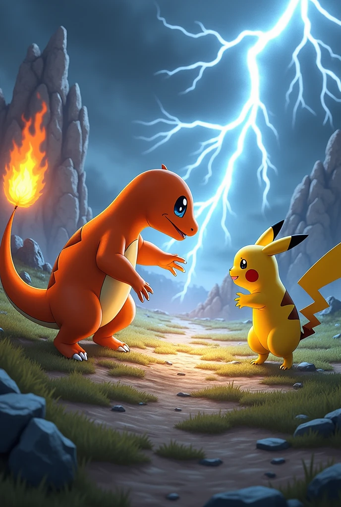 The pokemon charmander fighting to the death with pikachu in a pokemon battle field