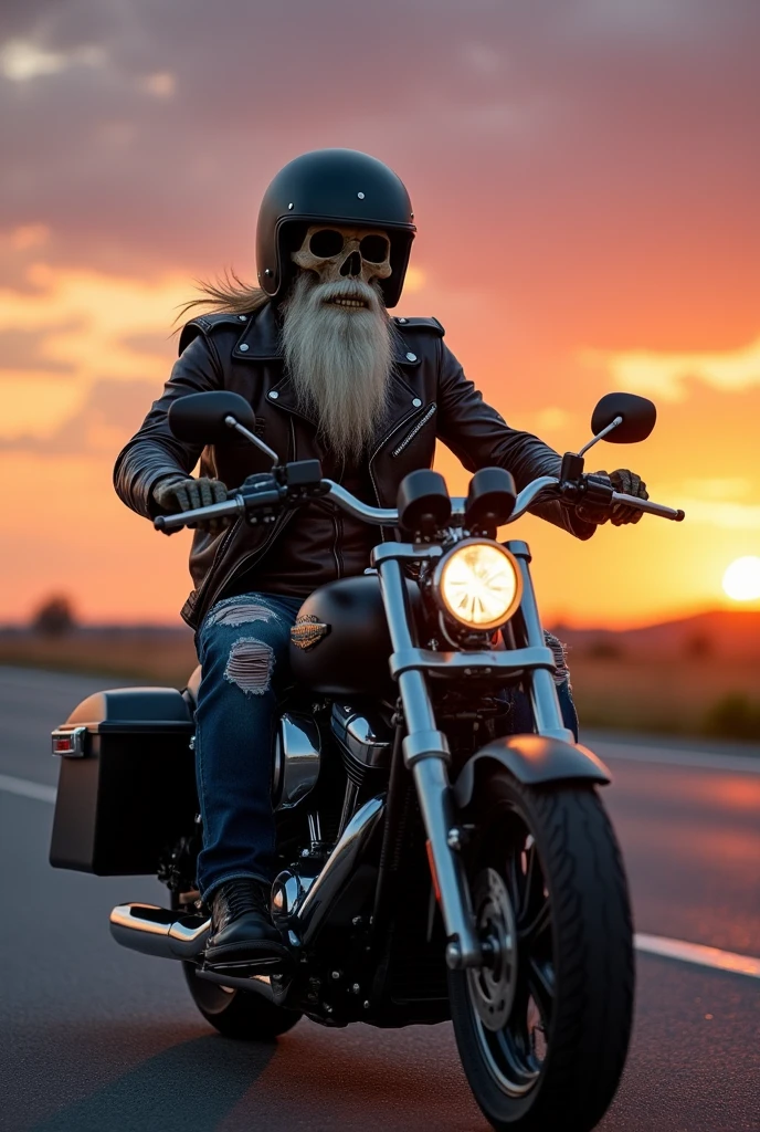 A skull with a white beard, motorcycle helmet, leather vest, wearing ripped jeans and black boots, sitting on a black motorcycle, lowrise, with high handlebars and side bags, on the highway with the sunset in the background.