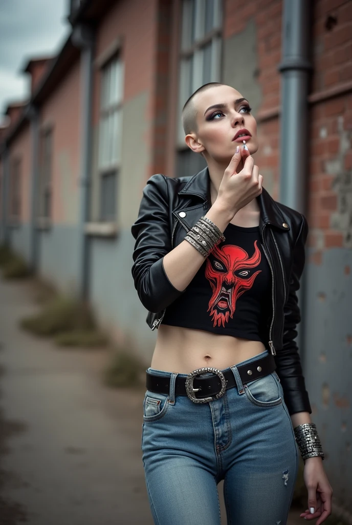 russian milf woman, biker gang member, shaved head, with very light blue eyes, extremely pale, heavy eye shadows. Thin. Sad face, smeared excessive make up and lipstick Wearing black moto jacket, cropped t-shirt with devil logo, skinny blue jeans and white tennis sneakers . Lots of metallic bracelets. Tacky leather belt with oversized, excessive silver buckle. Hands in her pockets. Wide loop earrings. Looks up like talking to God, mouth and eyes open. Bites her lip