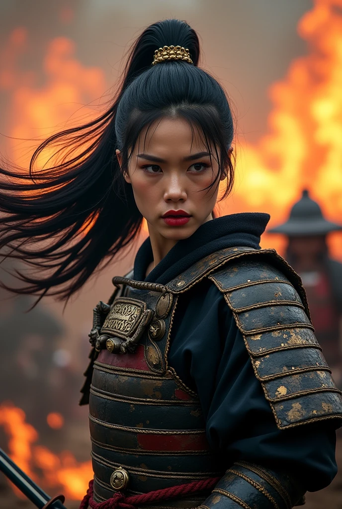 Japan Female Samurai、Female warriors of the Sengoku period、wearing samurai armour, not wearing a helmet、Scene of fierce fighting、There are many people fighting around、Flames are rising all around、Sense of presence。Real、Genuine、26 age、Black Hair. make up, red lips.
