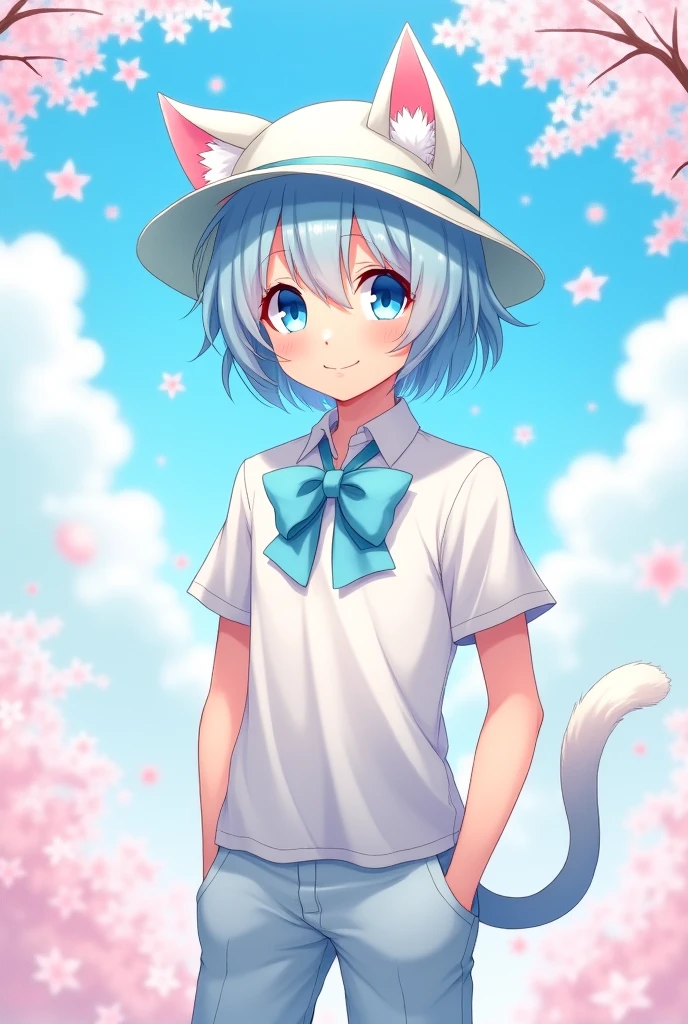 anime boy, by white, White cat ears,light blue eyes,Light blue hat, Light blue necklace, White T-shirt, white pants, White cat tail,light blue bow