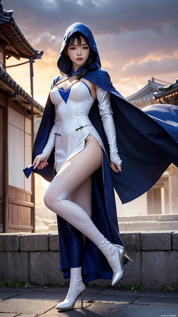 South korea assassin women mystery hooded on with modern royal Blue coat with long and wide sleeves with buttons and royal Blue cape and very high white heel over the knee and white gloves, As she reveals a small secret hidden blade coming from his palm , adding to the character's mysterious and agile appearance, with small movements of air on the cape, jump from roof to roof, in summer at night under the rain,medieval south korea house. sophisticated and highly detailed, ultra hd, realistic, hyper detailed, enhanced colours, ultra sharp focus, with vibrant, rich in details High quality, gorgeous, captivating, 8k, super detailed, stunning shadows, detailed lines, blood stain on coat and gloves, corpses in the street recently murdered