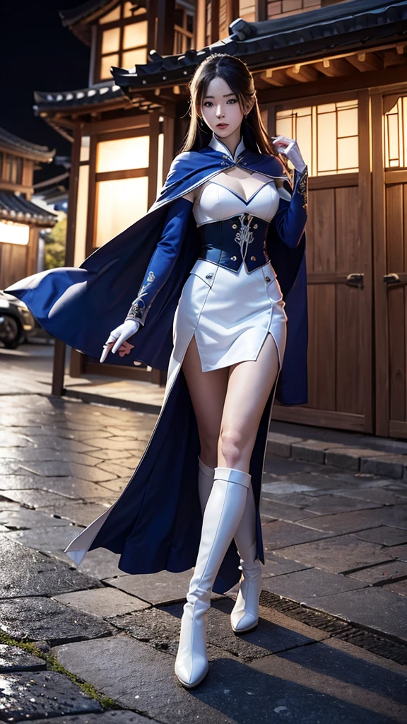 South korea assassin women mystery hooded on with modern royal Blue coat with long and wide sleeves with buttons and royal Blue cape and very high white heel over the knee and white gloves, As she reveals a small secret hidden blade coming from his palm , adding to the character's mysterious and agile appearance, with small movements of air on the cape, jump from roof to roof, in summer at night under the rain,medieval south korea house. sophisticated and highly detailed, ultra hd, realistic, hyper detailed, enhanced colours, ultra sharp focus, with vibrant, rich in details High quality, gorgeous, captivating, 8k, super detailed, stunning shadows, detailed lines, blood stain on coat and gloves, corpses in the street recently murdered
