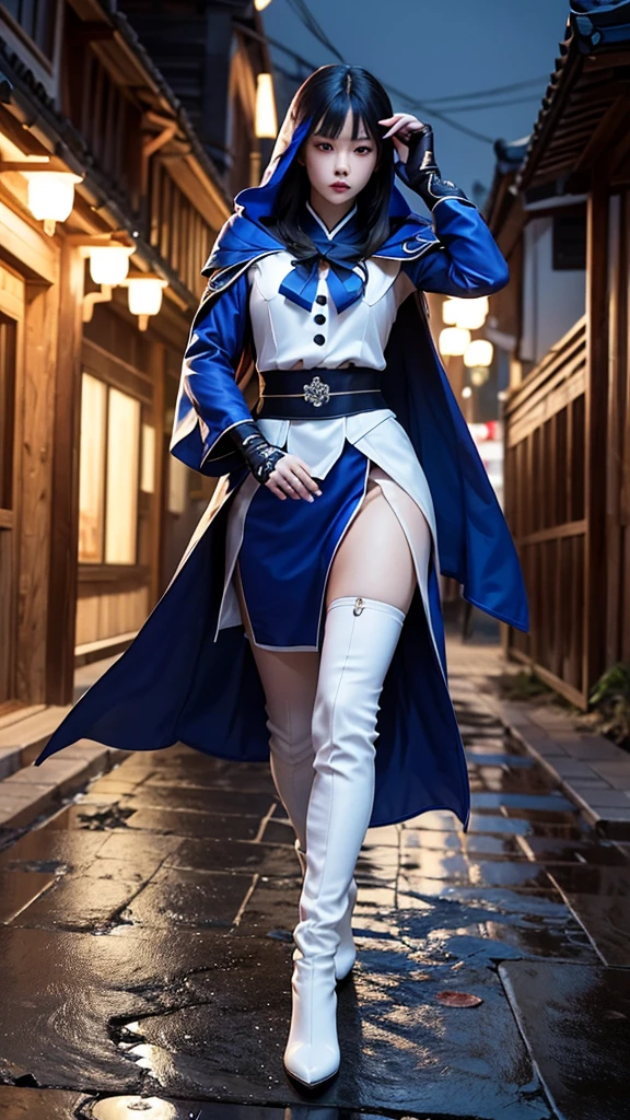 South korea assassin women mystery hooded on with modern royal Blue coat with long and wide sleeves with buttons and royal Blue cape and very high white heel over the knee and white gloves, As she reveals a small secret hidden blade coming from his palm , adding to the character's mysterious and agile appearance, with small movements of air on the cape, jump from roof to roof, in summer at night under the rain,medieval south korea house. sophisticated and highly detailed, ultra hd, realistic, hyper detailed, enhanced colours, ultra sharp focus, with vibrant, rich in details High quality, gorgeous, captivating, 8k, super detailed, stunning shadows, detailed lines, blood stain on coat and gloves, corpses in the street recently murdered