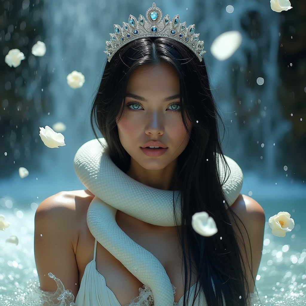 a beautiful woman with long, straight, jet-black hair, intense blue eyes, inside a waterfall from which white rose petals rain, she is with a white cobra, which wraps around her neck, a diamond crown on her head, with mist and white glow, the water reaches her waist.