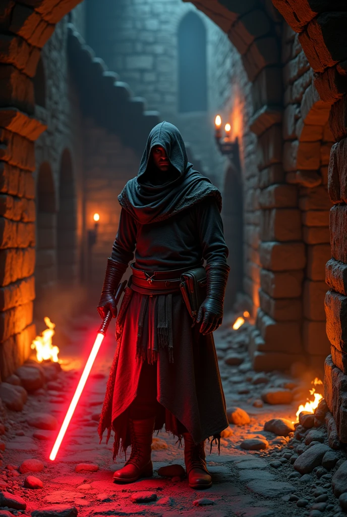 (masterpiece:1.2), (best quality:1.2), 8k, HDR, ultra detailed, ((photorealistic)), professional light, cinematic lighting, fashion photography, ambient lighting, background, a dark medieval dungeon, Darkness, epiCPhoto, fire, stairs, A thief in cloth armor, holding a red light saber.
