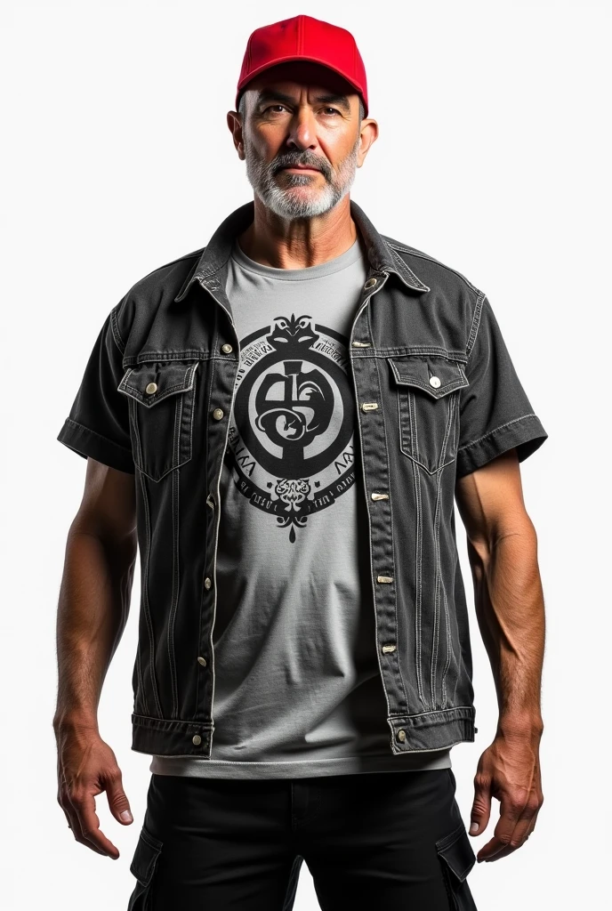 middle aged male, red cap, black buzzcut hair, looks unkept because hard lifestyle, jeans jacket, gray T-shirt with logo, black shorts, focus on face and torso, standing, ((transparent background))