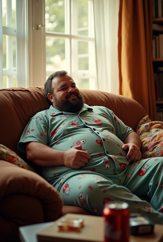 A lazy, fat, bearded man on the sofa