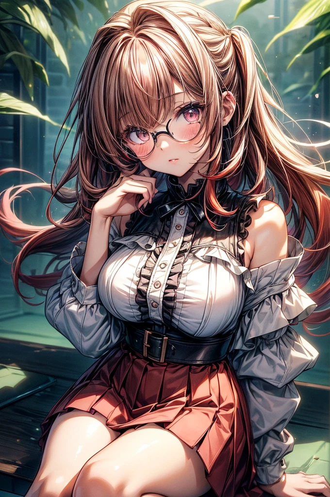 ((best quality)) ((best quality)), ((masterpiece)), (detailed), 4k image, anime style, beautiful young girl, teenage girl, tanned white skin skin, symmetrical face, beautiful young girl, tanned white skin, waist-length red hair(white highlights), soft facial features, peach colored eyes, off shoulder blouse, Pleated A-line skirt, cherry red plump lips, large breasts, short height(150cm). wide hips and large round ass, thick yet slender body, thin round frame glasses