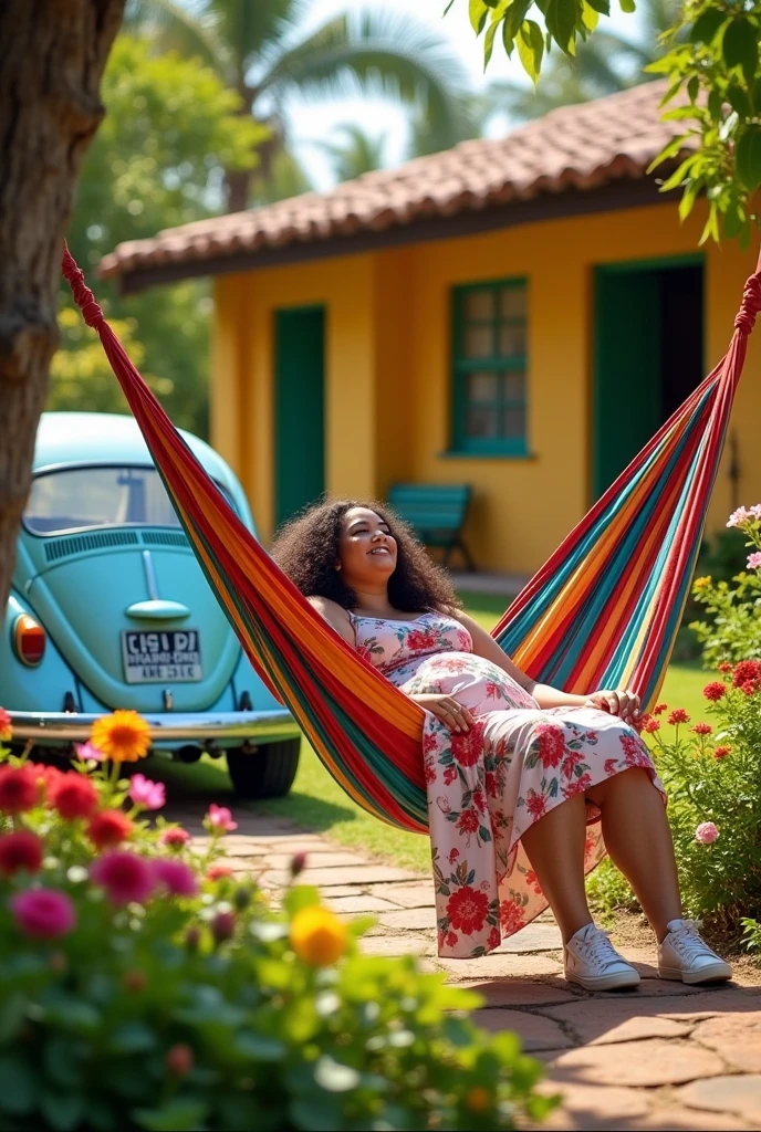 A slightly overweight brown Brazilian woman with long curly hair in a long floral dress in a hammock reading a book in front of her simple yellow house, with a light blue Beetle and a flower garden