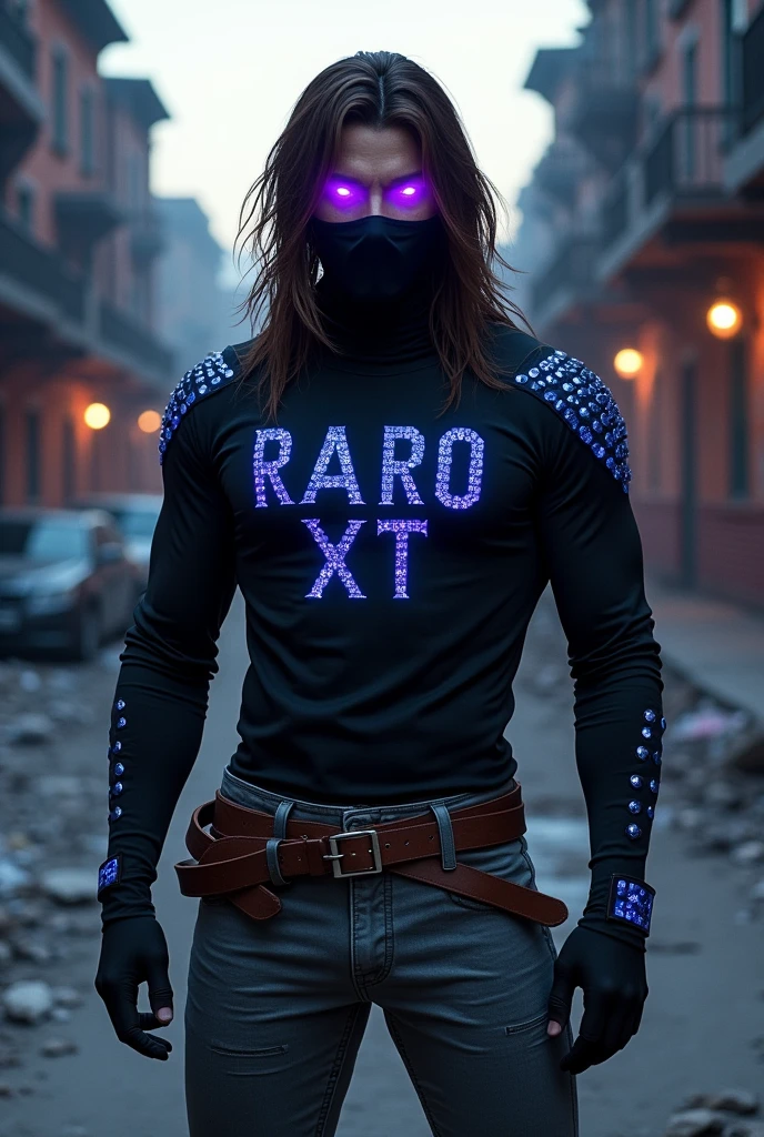 A male character from Free Fire, with long brown hair, with a black mask covering only the mouth, and with a black closed long-sleeved shirt with sparkling blue stones, Written, RARO XT, small chest, with purple aura coming out of the eyes, wearing gray pants and a brown belt
