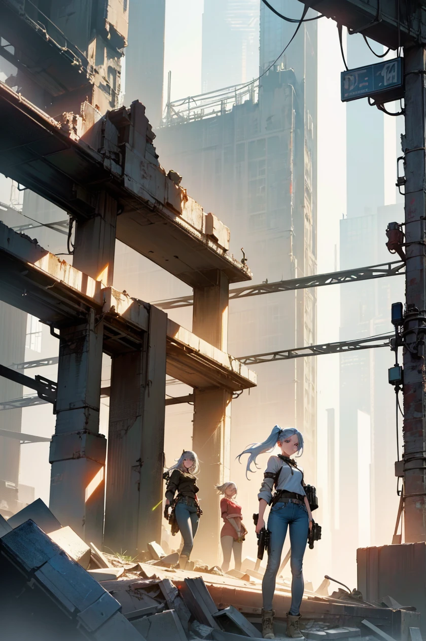 A post-apocalyptic scene in New York, 4 girls in front, 4 girls in retro-style outfits, tight blue jeans, blue,red,black,white clothes, ponytails, blue,white hair, holding light guns, fierce poses, (best quality,4k,8k,highres,masterpiece:1.2),ultra-detailed,(realistic,photorealistic,photo-realistic:1.37),extremely detailed girls, beautiful detailed eyes,beautiful detailed lips,extremely detailed eyes and face,long eyelashes,highly detailed environment,dystopian,cinematic lighting,dramatic shadows,gritty,grunge,muted colors,post-apocalyptic,abandoned city,rubble,concrete,neon signs,cyberpunk,retrofuturistic