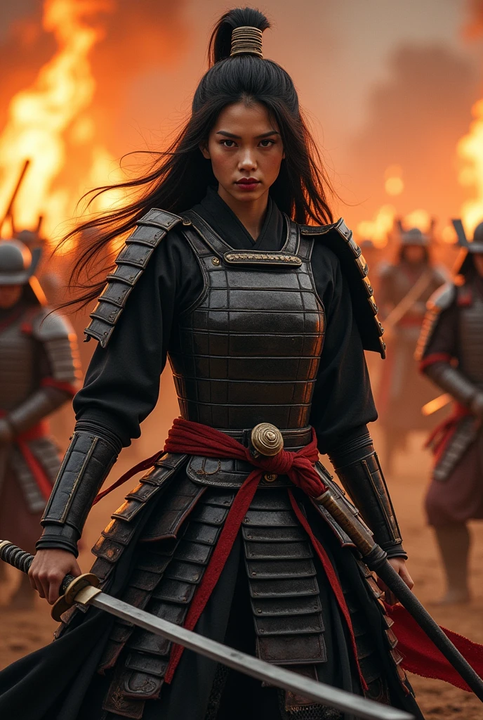 (masterpiece:1.2), (best quality:1.2), 8k, HDR, ultra detailed, ((photorealistic)), professional light, cinematic lighting, fashion photography, ambient lighting, background, Japan Female Samurai、Female warriors of the Sengoku period、wearing samurai armour, not wearing a helmet、Scene of fierce fighting、There are many people fighting around、Flames are rising all around、Sense of presence。Real、Genuine、26 age、Black Hair. make up, red lips.