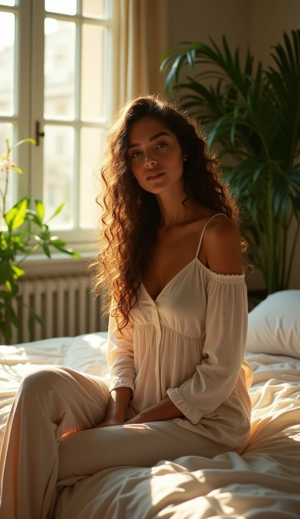 (Photorealism:1.2), Beautiful woman, Sitting on the bed, She is wearing a loose off-the-shoulder top., Pajama pants, Long Curly Hair, indoor, Soft lighting, Background plants, Window with sunlight, Cozy rooms, Relaxed pose, Realistic, Intricate details, Warm colors, Greg Rutkowski, Alphonse Mucha
