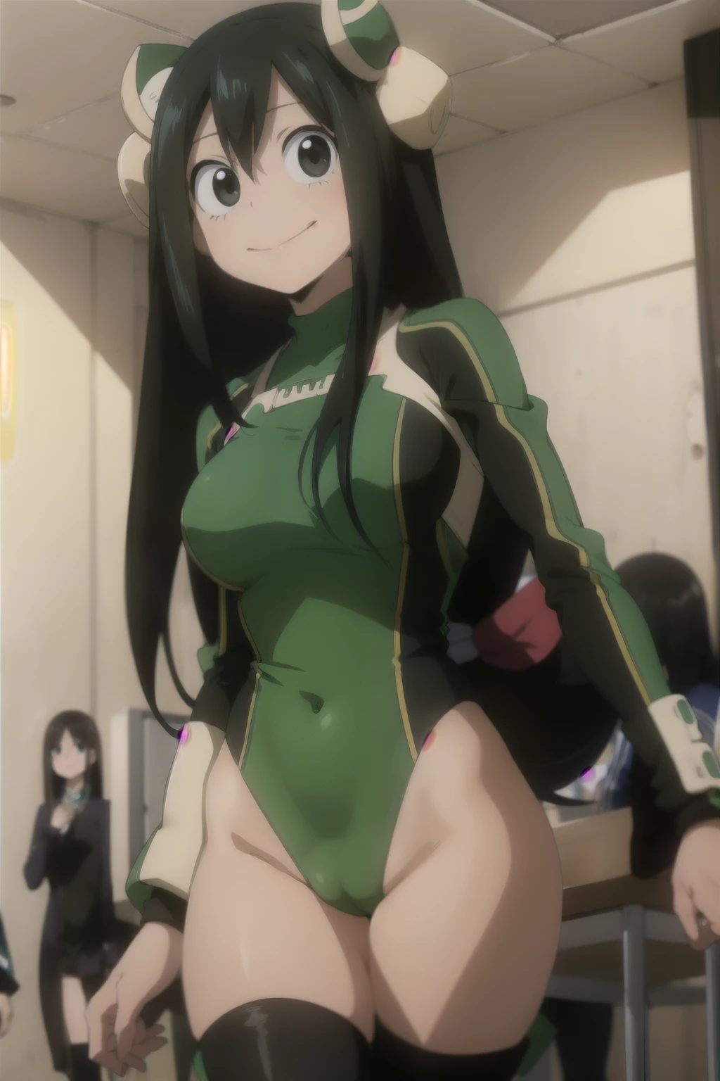 Anime , Tsuyu Asui, eyes, black hair , smile, medium breasts , sexy leotard, collant , long boots.