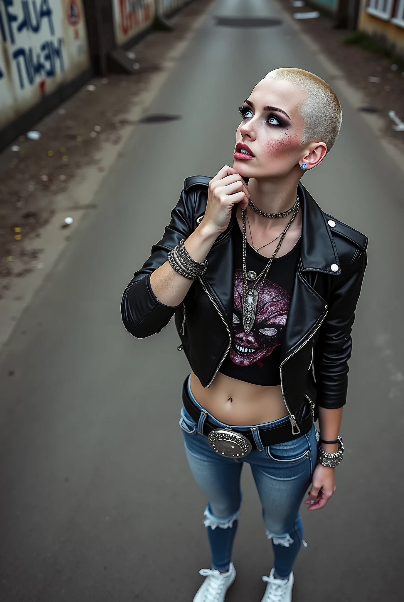russian milf woman, biker gang member, shaved head, with very light blue eyes, extremely pale, heavy eye shadows. Thin. Sad face, smeared excessive make up and lipstick Wearing black moto jacket, cropped t-shirt with devil logo, skinny blue jeans and white tennis sneakers . Lots of metallic bracelets. Tacky leather belt with oversized, excessive silver buckle. Hands in her pockets. Wide loop earrings. Looks up like talking to God, mouth and eyes open. Bites her lip