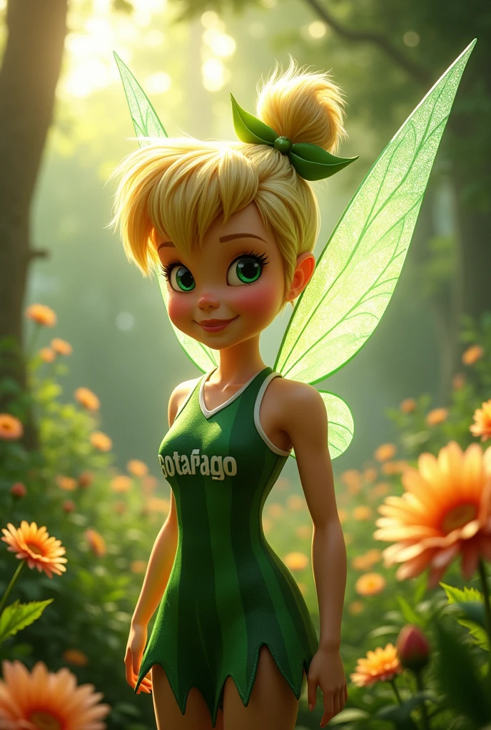 Faça uma imagem realistic da fada TinkerBell, realistic, 8k, real-life. She will have her wings. She will wear the Botafogo jersey, Brazilian club. She will be very tasty.