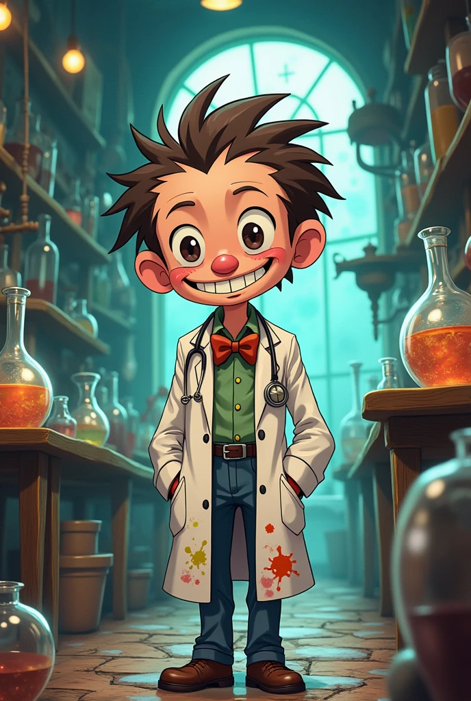 The picture shows a small, older man in anime style. He's standing a bit crooked, He has short, brown, shaggy hair and 2 big front teeth. He's wearing a doctor's coat. He's a mad scientist by profession 
