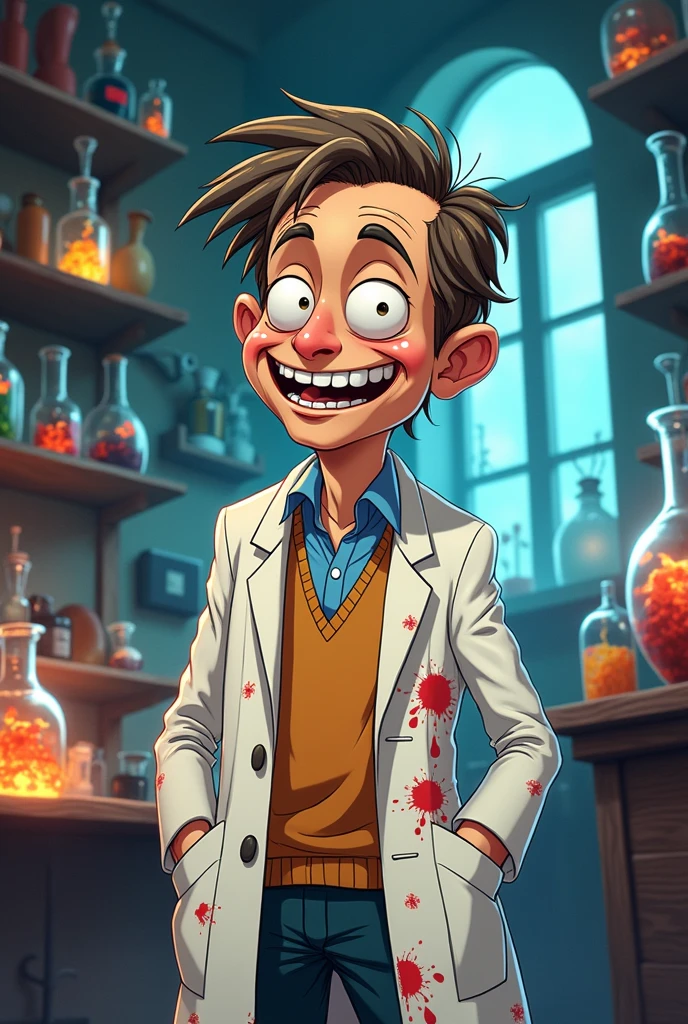 The picture shows a small, older man in anime style. He's standing a bit crooked, He has short, brown, shaggy hair and 2 big front teeth. He's wearing a doctor's coat. He's a mad scientist by profession 