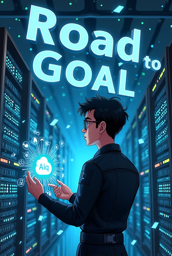 Créer moi une image d'un IT Réseau informatique avec les équipements réseaux cybersecurite
,telecom , cloud ,virtualisation, télématique format animé noir en plein exécution des plusieurs taches. A côté tu écris dans un portrait Hey vanh Mick road to goal