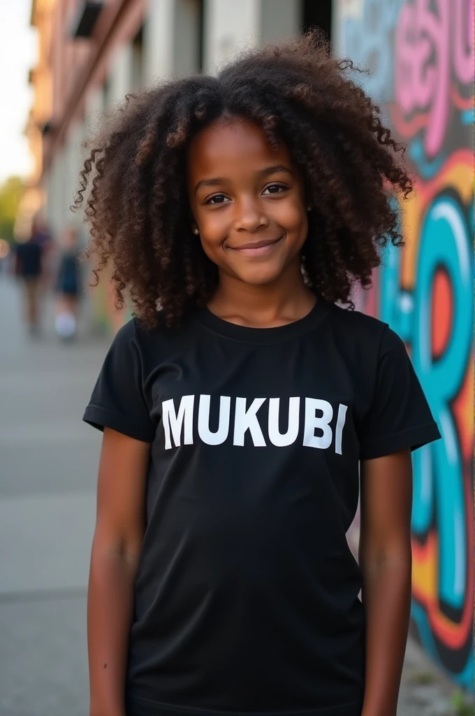 Black girl wearing BLACK t-shirt named MUKUBI