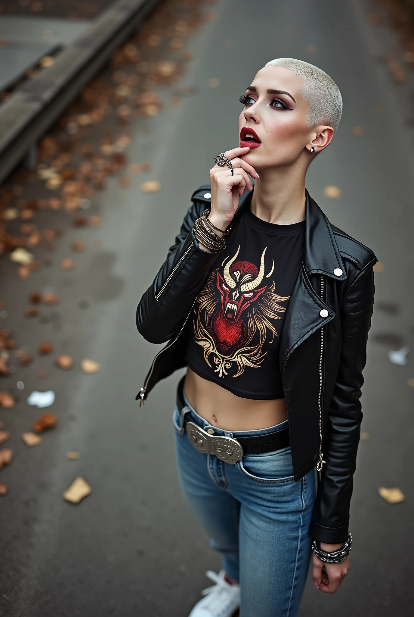 russian milf woman, biker gang member, shaved head, with very light blue eyes, extremely pale, heavy eye shadows. Thin. Sad face, smeared excessive make up and lipstick Wearing black moto jacket, cropped t-shirt with devil logo, skinny blue jeans and white tennis sneakers . Lots of metallic bracelets. Tacky leather belt with oversized, excessive silver buckle. Hands in her pockets. Wide loop earrings. Looks up like talking to God, mouth and eyes open. Bites her lip