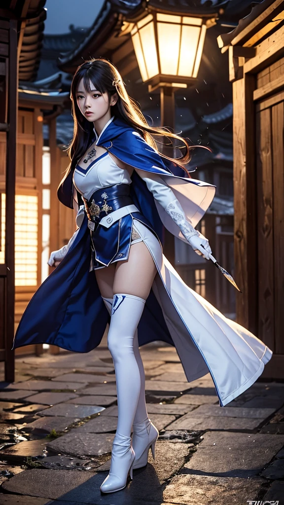 South korea assassin women mystery hooded on with modern royal Blue coat with long and wide sleeves with buttons and royal Blue cape and very high white heel over the knee and white gloves, As she reveals a small secret hidden blade coming from his palm , adding to the character's mysterious and agile appearance, with small movements of air on the cape, jump from roof to roof, in summer at night under the rain,medieval south korea house. sophisticated and highly detailed, ultra hd, realistic, hyper detailed, enhanced colours, ultra sharp focus, with vibrant, rich in details High quality, gorgeous, captivating, 8k, super detailed, stunning shadows, detailed lines, blood stain on coat and gloves, corpses in the street recently murdered