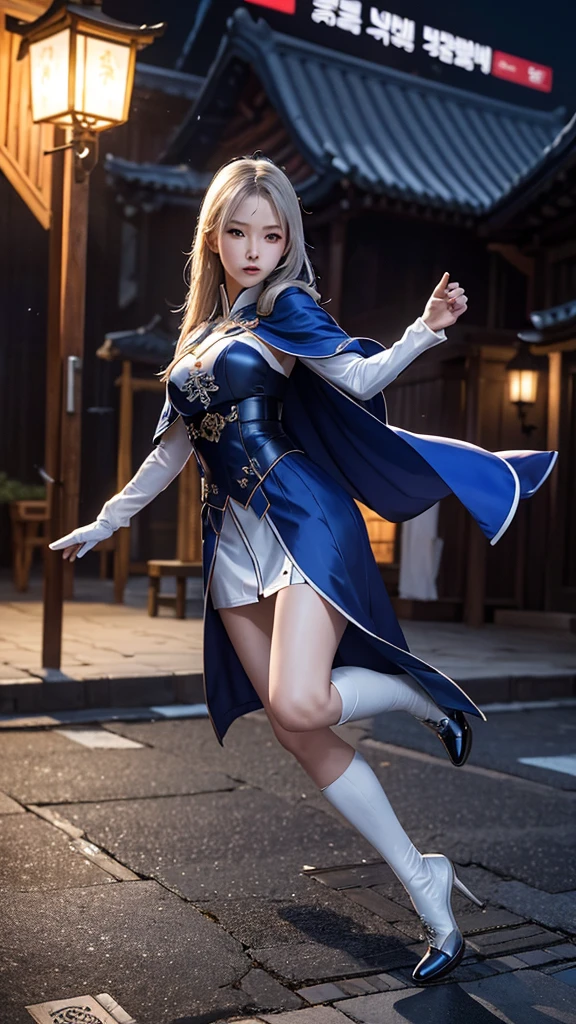 South korea assassin women mystery hooded on with modern royal Blue coat with long and wide sleeves with buttons and royal Blue cape and very high white heel over the knee and white gloves, As she reveals a small secret hidden blade coming from his palm , adding to the character's mysterious and agile appearance, with small movements of air on the cape, jump from roof to roof, in summer at night under the rain,medieval south korea house. sophisticated and highly detailed, ultra hd, realistic, hyper detailed, enhanced colours, ultra sharp focus, with vibrant, rich in details High quality, gorgeous, captivating, 8k, super detailed, stunning shadows, detailed lines, blood stain on coat and gloves, corpses in the street recently murdered
