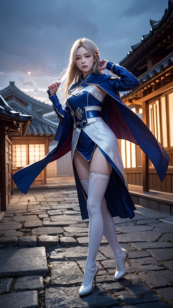South korea assassin women mystery hooded on with modern royal Blue coat with long and wide sleeves with buttons and royal Blue cape and very high white heel over the knee and white gloves, As she reveals a small secret hidden blade coming from his palm , adding to the character's mysterious and agile appearance, with small movements of air on the cape, jump from roof to roof, in summer at night under the rain,medieval south korea house. sophisticated and highly detailed, ultra hd, realistic, hyper detailed, enhanced colours, ultra sharp focus, with vibrant, rich in details High quality, gorgeous, captivating, 8k, super detailed, stunning shadows, detailed lines, blood stain on coat and gloves, corpses in the street recently murdered
