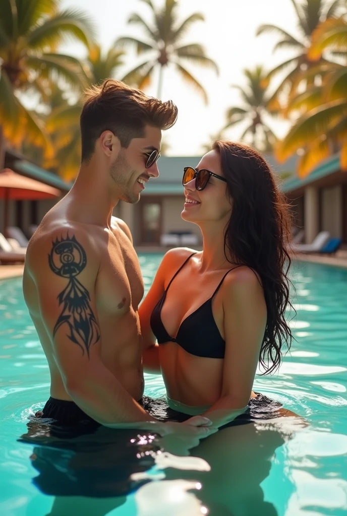 Jovem mulher white-skinned, black and wavy hair, Light colored eyes, com sunglasses e cabelos presos, wearing a black bikini in the pool of a club, Sunnyday, arm in arm with a young man, white-skinned, stark, with a tribal tattoo on his left arm, brown hair low, wearing black swim trunks, sunglasses, who smiles embracing her while they look at each other.
