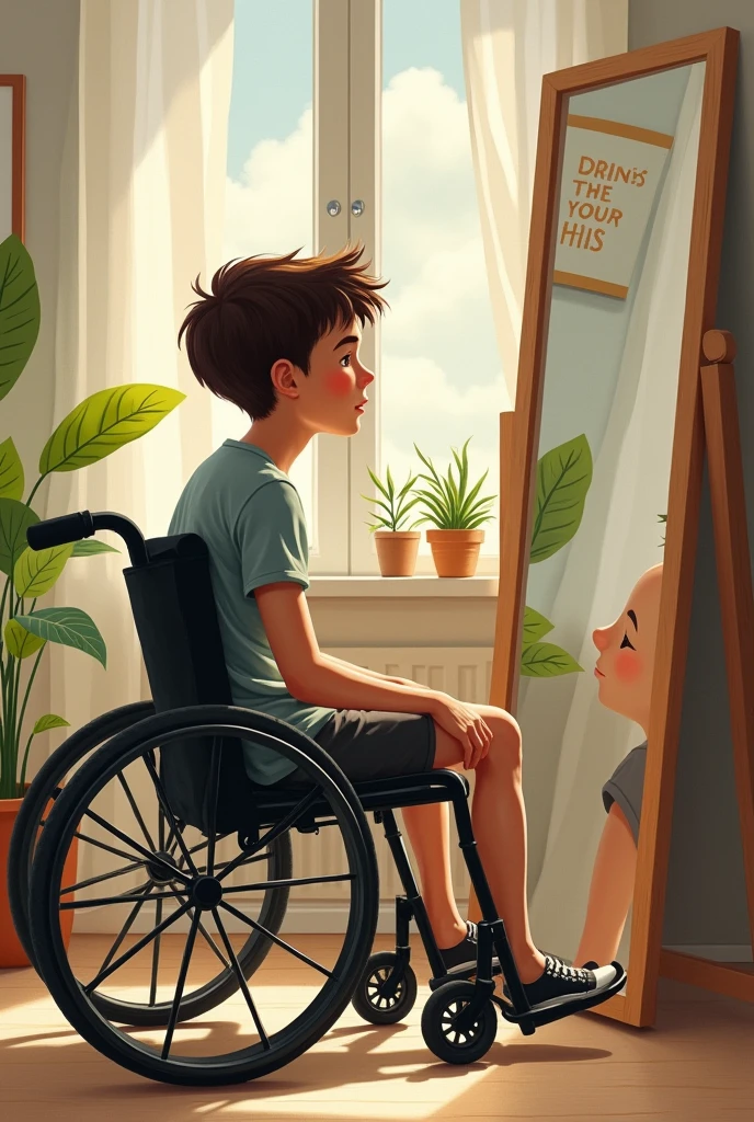 young man in a wheelchair who has no strength, his mirror integrity is affected and he has hypotonia, drawing
